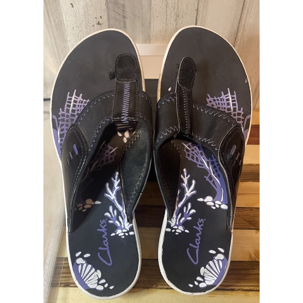 CLARKS Women Cloud Steppers Breeze Sea Thong Sandals Black Size 8M
